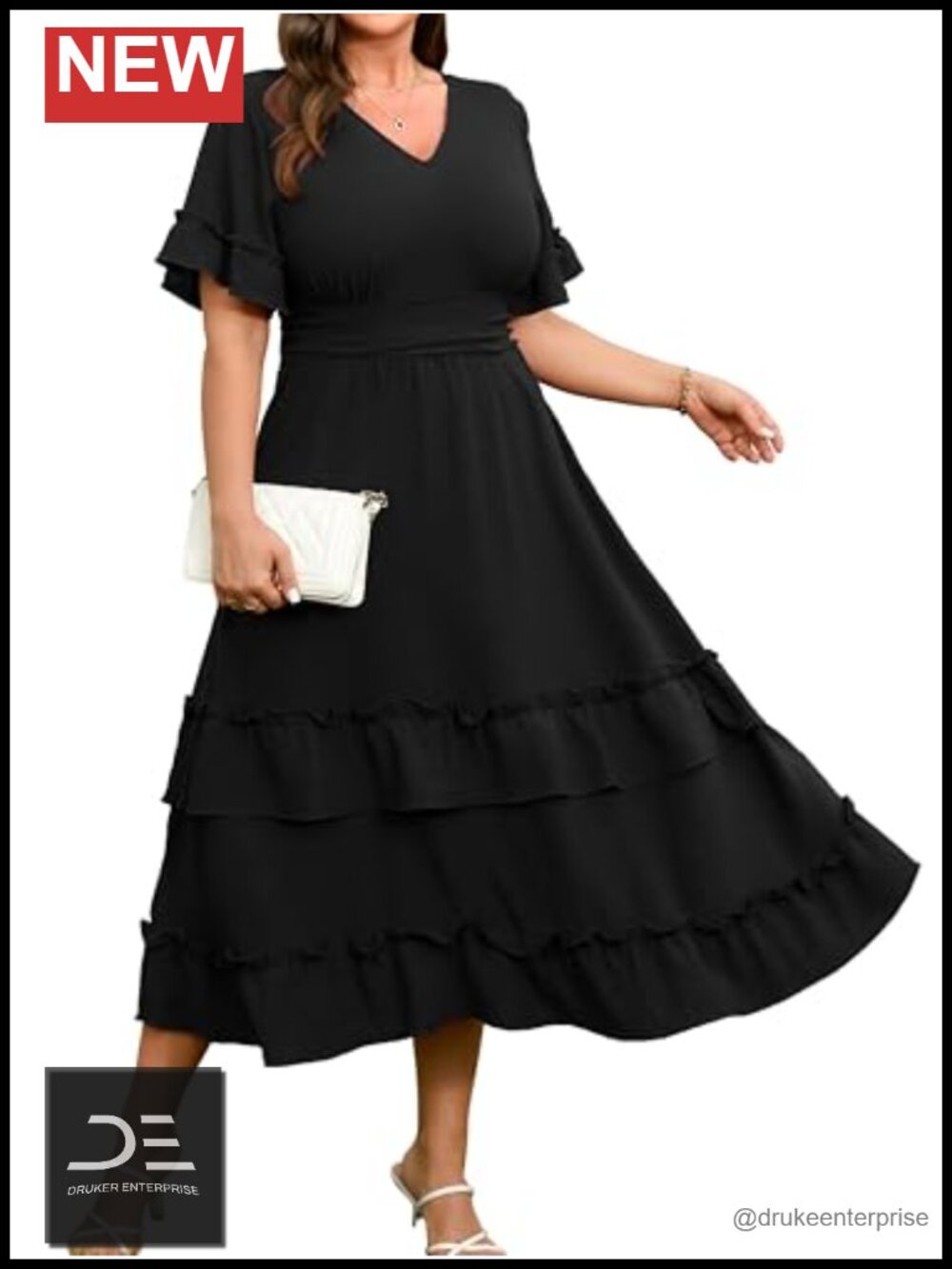 Plus Size Ruffle Sleeve V Neck Tiered Maxi Dress Wedding Guest
